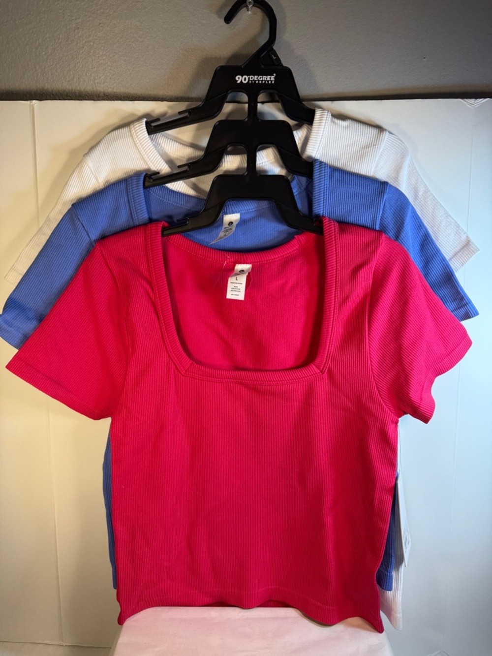 90 Degree By Reflex Ribbed Square Neck Tee in Hot Pink with Blue Layer